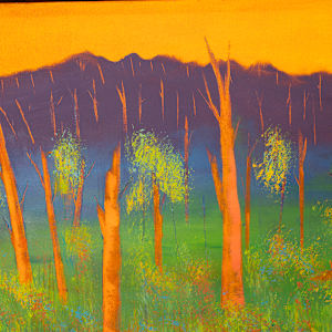 "Grand Raising" by Steven McHugh  Image: Detail view of "Grand Raising," a vibrant landscape painting featuring a row of tall, slender tree trunks in the foreground, rendered primarily in bright orange hues. These trees stand against a backdrop of lush green foliage with scattered dabs of blue that add depth and texture to the vegetation. Beyond the trees, a range of deep purple mountains stretches across the middle ground. The sky above is painted in a rich gradient of yellows and oranges, suggesting either a sunrise or sunset. The composition is wide and panoramic, emphasizing the expansive natural scene with bold, saturated colors that create a striking contrast between the warm tones of the trees and sky and the cooler tones of the mountains and foliage.

Oil and cold-wax painting on wood panel measures 12.75" x 48.75" and is framed in a gallery floating frame in a neutral wood stain.

"Grand Raising" is a mesmerizing blend of textures and colors created by a mixed-media representational abstract painter on Madeline Island, part of the Apostle Islands in Lake Superior, WI. This piece encapsulates the essence of nature's grandeur and the island's unique spirit, making it an ideal addition to any sophisticated art collection. At stevemchugh.art, we value craftsmanship and uniqueness, ensuring each artwork brings a touch of the island's beauty to your space. Discover "Grand Raising" and experience the profound connection between art and nature, skillfully captured by a local expert. Visit our website to explore more captivating pieces that will elevate your artistic journey.