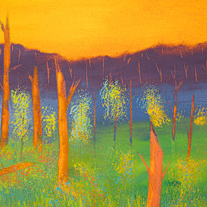 "Grand Raising" by Steven McHugh  Image: Detail view of "Grand Raising," a vibrant landscape painting featuring a row of tall, slender tree trunks in the foreground, rendered primarily in bright orange hues. These trees stand against a backdrop of lush green foliage with scattered dabs of blue that add depth and texture to the vegetation. Beyond the trees, a range of deep purple mountains stretches across the middle ground. The sky above is painted in a rich gradient of yellows and oranges, suggesting either a sunrise or sunset. The composition is wide and panoramic, emphasizing the expansive natural scene with bold, saturated colors that create a striking contrast between the warm tones of the trees and sky and the cooler tones of the mountains and foliage.

Oil and cold-wax painting on wood panel measures 12.75" x 48.75" and is framed in a gallery floating frame in a neutral wood stain.

"Grand Raising" is a mesmerizing blend of textures and colors created by a mixed-media representational abstract painter on Madeline Island, part of the Apostle Islands in Lake Superior, WI. This piece encapsulates the essence of nature's grandeur and the island's unique spirit, making it an ideal addition to any sophisticated art collection. At stevemchugh.art, we value craftsmanship and uniqueness, ensuring each artwork brings a touch of the island's beauty to your space. Discover "Grand Raising" and experience the profound connection between art and nature, skillfully captured by a local expert. Visit our website to explore more captivating pieces that will elevate your artistic journey.