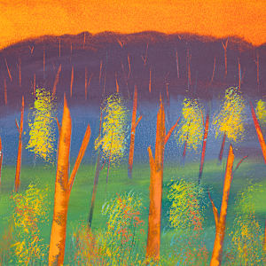 "Grand Raising" by Steven McHugh  Image: Detail view of "Grand Raising," a vibrant landscape painting featuring a row of tall, slender tree trunks in the foreground, rendered primarily in bright orange hues. These trees stand against a backdrop of lush green foliage with scattered dabs of blue that add depth and texture to the vegetation. Beyond the trees, a range of deep purple mountains stretches across the middle ground. The sky above is painted in a rich gradient of yellows and oranges, suggesting either a sunrise or sunset. The composition is wide and panoramic, emphasizing the expansive natural scene with bold, saturated colors that create a striking contrast between the warm tones of the trees and sky and the cooler tones of the mountains and foliage.

Oil and cold-wax painting on wood panel measures 12.75" x 48.75" and is framed in a gallery floating frame in a neutral wood stain.

"Grand Raising" is a mesmerizing blend of textures and colors created by a mixed-media representational abstract painter on Madeline Island, part of the Apostle Islands in Lake Superior, WI. This piece encapsulates the essence of nature's grandeur and the island's unique spirit, making it an ideal addition to any sophisticated art collection. At stevemchugh.art, we value craftsmanship and uniqueness, ensuring each artwork brings a touch of the island's beauty to your space. Discover "Grand Raising" and experience the profound connection between art and nature, skillfully captured by a local expert. Visit our website to explore more captivating pieces that will elevate your artistic journey.