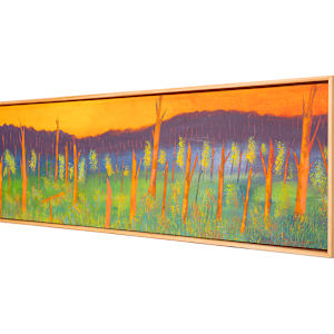 "Grand Raising" by Steven McHugh  Image: Side view of "Grand Raising," a vibrant landscape painting featuring a row of tall, slender tree trunks in the foreground, rendered primarily in bright orange hues. These trees stand against a backdrop of lush green foliage with scattered dabs of blue that add depth and texture to the vegetation. Beyond the trees, a range of deep purple mountains stretches across the middle ground. The sky above is painted in a rich gradient of yellows and oranges, suggesting either a sunrise or sunset. The composition is wide and panoramic, emphasizing the expansive natural scene with bold, saturated colors that create a striking contrast between the warm tones of the trees and sky and the cooler tones of the mountains and foliage.

Oil and cold-wax painting on wood panel measures 12.75" x 48.75" and is framed in a gallery floating frame in a neutral wood stain.

"Grand Raising" is a mesmerizing blend of textures and colors created by a mixed-media representational abstract painter on Madeline Island, part of the Apostle Islands in Lake Superior, WI. This piece encapsulates the essence of nature's grandeur and the island's unique spirit, making it an ideal addition to any sophisticated art collection. At stevemchugh.art, we value craftsmanship and uniqueness, ensuring each artwork brings a touch of the island's beauty to your space. Discover "Grand Raising" and experience the profound connection between art and nature, skillfully captured by a local expert. Visit our website to explore more captivating pieces that will elevate your artistic journey.