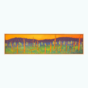 "Grand Raising" by Steven McHugh  Image: "Grand Raising" is a vibrant landscape painting featuring a row of tall, slender tree trunks in the foreground, rendered primarily in bright orange hues. These trees stand against a backdrop of lush green foliage with scattered dabs of blue that add depth and texture to the vegetation. Beyond the trees, a range of deep purple mountains stretches across the middle ground. The sky above is painted in a rich gradient of yellows and oranges, suggesting either a sunrise or sunset. The composition is wide and panoramic, emphasizing the expansive natural scene with bold, saturated colors that create a striking contrast between the warm tones of the trees and sky and the cooler tones of the mountains and foliage.

Oil and cold-wax painting on wood panel measures 12.75" x 48.75" and is framed in a gallery floating frame in a neutral wood stain.

"Grand Raising" is a mesmerizing blend of textures and colors created by a mixed-media representational abstract painter on Madeline Island, part of the Apostle Islands in Lake Superior, WI. This piece encapsulates the essence of nature's grandeur and the island's unique spirit, making it an ideal addition to any sophisticated art collection. At stevemchugh.art, we value craftsmanship and uniqueness, ensuring each artwork brings a touch of the island's beauty to your space. Discover "Grand Raising" and experience the profound connection between art and nature, skillfully captured by a local expert. Visit our website to explore more captivating pieces that will elevate your artistic journey.