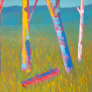 "Color Encounter" by Steven McHugh  Image: Detail view of "Color Encounter," a stunning  masterpiece by representational abstract painter located on Madeline Island, part of the picturesque Apostle Islands in Lake Superior, WI. This evocative piece encapsulates the artist's unique perspective and dedication to bold expressions, transforming any space with a burst of creativity. Visit stevemchugh.art to explore more of my work and discover how abstract art can bring an unparalleled depth and energy to your environment. Each piece is an invitation to encounter color in its most dynamic form. This oil and cold-wax on wood panel measures 12.75" x 48.75" x 2.5" and is framed in a natural wood gallery floating frame.

This vibrant and colorful painting of tree trunks standing amidst grass. The trees are depicted with bold, vivid colors including shades of white, pink, orange, purple, and blue. The bark of the trunks is stylized with abstract patterns and bright hues that create a dynamic and lively composition. The background features a gradient of green and blue tones, suggesting foliage and sky, while the grass below is painted in various shades of green, interspersed with strokes of yellow and orange. The overall effect of the painting is energetic and expressive, highlighting the natural beauty of the trees through an imaginative and striking color palette.