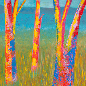 "Color Encounter" by Steven McHugh  Image: Detail view of "Color Encounter," a stunning  masterpiece by representational abstract painter located on Madeline Island, part of the picturesque Apostle Islands in Lake Superior, WI. This evocative piece encapsulates the artist's unique perspective and dedication to bold expressions, transforming any space with a burst of creativity. Visit stevemchugh.art to explore more of my work and discover how abstract art can bring an unparalleled depth and energy to your environment. Each piece is an invitation to encounter color in its most dynamic form. This oil and cold-wax on wood panel measures 12.75" x 48.75" x 2.5" and is framed in a natural wood gallery floating frame.

This vibrant and colorful painting of tree trunks standing amidst grass. The trees are depicted with bold, vivid colors including shades of white, pink, orange, purple, and blue. The bark of the trunks is stylized with abstract patterns and bright hues that create a dynamic and lively composition. The background features a gradient of green and blue tones, suggesting foliage and sky, while the grass below is painted in various shades of green, interspersed with strokes of yellow and orange. The overall effect of the painting is energetic and expressive, highlighting the natural beauty of the trees through an imaginative and striking color palette.