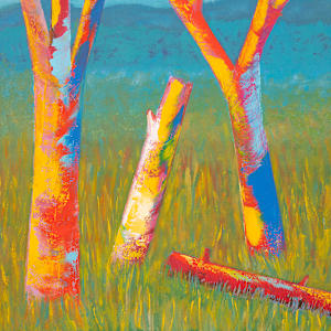"Color Encounter" by Steven McHugh  Image: Detail view of "Color Encounter," a stunning  masterpiece by representational abstract painter located on Madeline Island, part of the picturesque Apostle Islands in Lake Superior, WI. This evocative piece encapsulates the artist's unique perspective and dedication to bold expressions, transforming any space with a burst of creativity. Visit stevemchugh.art to explore more of my work and discover how abstract art can bring an unparalleled depth and energy to your environment. Each piece is an invitation to encounter color in its most dynamic form. This oil and cold-wax on wood panel measures 12.75" x 48.75" x 2.5" and is framed in a natural wood gallery floating frame.

This vibrant and colorful painting of tree trunks standing amidst grass. The trees are depicted with bold, vivid colors including shades of white, pink, orange, purple, and blue. The bark of the trunks is stylized with abstract patterns and bright hues that create a dynamic and lively composition. The background features a gradient of green and blue tones, suggesting foliage and sky, while the grass below is painted in various shades of green, interspersed with strokes of yellow and orange. The overall effect of the painting is energetic and expressive, highlighting the natural beauty of the trees through an imaginative and striking color palette.