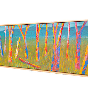 "Color Encounter" by Steven McHugh  Image: Side view of "Color Encounter," a stunning  masterpiece by representational abstract painter located on Madeline Island, part of the picturesque Apostle Islands in Lake Superior, WI. This evocative piece encapsulates the artist's unique perspective and dedication to bold expressions, transforming any space with a burst of creativity. Visit stevemchugh.art to explore more of my work and discover how abstract art can bring an unparalleled depth and energy to your environment. Each piece is an invitation to encounter color in its most dynamic form. This oil and cold-wax on wood panel measures 12.75" x 48.75" x 2.5" and is framed in a natural wood gallery floating frame.

This vibrant and colorful painting of tree trunks standing amidst grass. The trees are depicted with bold, vivid colors including shades of white, pink, orange, purple, and blue. The bark of the trunks is stylized with abstract patterns and bright hues that create a dynamic and lively composition. The background features a gradient of green and blue tones, suggesting foliage and sky, while the grass below is painted in various shades of green, interspersed with strokes of yellow and orange. The overall effect of the painting is energetic and expressive, highlighting the natural beauty of the trees through an imaginative and striking color palette.