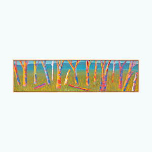 "Color Encounter" by Steven McHugh  Image: Immerse yourself in a vibrant journey with "Color Encounter," a stunning  masterpiece by representational abstract painter located on Madeline Island, part of the picturesque Apostle Islands in Lake Superior, WI. This evocative piece encapsulates the artist's unique perspective and dedication to bold expressions, transforming any space with a burst of creativity. Visit stevemchugh.art to explore more of my work and discover how abstract art can bring an unparalleled depth and energy to your environment. Each piece is an invitation to encounter color in its most dynamic form. This oil and cold-wax on wood panel measures 12.75" x 48.75" x 2.5" and is framed in a natural wood gallery floating frame.

This vibrant and colorful painting of tree trunks standing amidst grass. The trees are depicted with bold, vivid colors including shades of white, pink, orange, purple, and blue. The bark of the trunks is stylized with abstract patterns and bright hues that create a dynamic and lively composition. The background features a gradient of green and blue tones, suggesting foliage and sky, while the grass below is painted in various shades of green, interspersed with strokes of yellow and orange. The overall effect of the painting is energetic and expressive, highlighting the natural beauty of the trees through an imaginative and striking color palette.