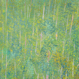 "Hazy Day" by Steven McHugh  Image: Detail view of "Hazy Day," a masterpiece by a mixed-media representational abstract painter from Madeline Island, nestled within the Apostle Islands of Lake Superior, WI. At stevemchugh.art ,our commitment to capturing nature's subtleties is reflected in this evocative piece, blending soft hues and layered textures to create an atmosphere of tranquil introspection. Perfect for those seeking to add a touch of sophisticated calm to their space, "Hazy Day" invites viewers to lose themselves in its gentle, abstract landscape. Discover the unique artistic vision that thrives on Madeline Island and bring a piece of its serene beauty into your home.

This oil and cold water painting on wood panel is 29.75" x 10.75" by 2.5" and is framed in a simple gallery floating frame.

"Hazy Day" depicts a serene forest scene under a vast blue sky. Tall, slender trees with light green foliage dominate the composition, their trunks stretching vertically and interspersed with subtle hints of yellow and red among the greenery. The painting uses soft, blended brushstrokes to create a lush and tranquil atmosphere, with the dense foliage gradually fading as it recedes upward towards the sky. The overall palette consists mainly of different shades of green, punctuated by warm touches of yellow and red, evoking a sense of early morning light filtering through the trees. The artwork conveys a peaceful natural landscape with an emphasis on verticality and color harmony.