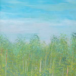 "Hazy Day" by Steven McHugh  Image: Detail view of "Hazy Day," a masterpiece by a mixed-media representational abstract painter from Madeline Island, nestled within the Apostle Islands of Lake Superior, WI. At stevemchugh.art ,our commitment to capturing nature's subtleties is reflected in this evocative piece, blending soft hues and layered textures to create an atmosphere of tranquil introspection. Perfect for those seeking to add a touch of sophisticated calm to their space, "Hazy Day" invites viewers to lose themselves in its gentle, abstract landscape. Discover the unique artistic vision that thrives on Madeline Island and bring a piece of its serene beauty into your home.

This oil and cold water painting on wood panel is 29.75" x 10.75" by 2.5" and is framed in a simple gallery floating frame.

"Hazy Day" depicts a serene forest scene under a vast blue sky. Tall, slender trees with light green foliage dominate the composition, their trunks stretching vertically and interspersed with subtle hints of yellow and red among the greenery. The painting uses soft, blended brushstrokes to create a lush and tranquil atmosphere, with the dense foliage gradually fading as it recedes upward towards the sky. The overall palette consists mainly of different shades of green, punctuated by warm touches of yellow and red, evoking a sense of early morning light filtering through the trees. The artwork conveys a peaceful natural landscape with an emphasis on verticality and color harmony.