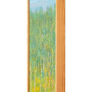 "Hazy Day" by Steven McHugh  Image: Side view of "Hazy Day," a masterpiece by a mixed-media representational abstract painter from Madeline Island, nestled within the Apostle Islands of Lake Superior, WI. At stevemchugh.art ,our commitment to capturing nature's subtleties is reflected in this evocative piece, blending soft hues and layered textures to create an atmosphere of tranquil introspection. Perfect for those seeking to add a touch of sophisticated calm to their space, "Hazy Day" invites viewers to lose themselves in its gentle, abstract landscape. Discover the unique artistic vision that thrives on Madeline Island and bring a piece of its serene beauty into your home.

This oil and cold water painting on wood panel is 29.75" x 10.75" by 2.5" and is framed in a simple gallery floating frame.

"Hazy Day" depicts a serene forest scene under a vast blue sky. Tall, slender trees with light green foliage dominate the composition, their trunks stretching vertically and interspersed with subtle hints of yellow and red among the greenery. The painting uses soft, blended brushstrokes to create a lush and tranquil atmosphere, with the dense foliage gradually fading as it recedes upward towards the sky. The overall palette consists mainly of different shades of green, punctuated by warm touches of yellow and red, evoking a sense of early morning light filtering through the trees. The artwork conveys a peaceful natural landscape with an emphasis on verticality and color harmony.