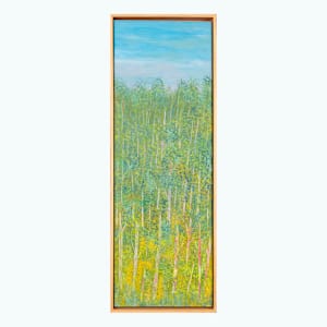 "Hazy Day" by Steven McHugh  Image: Embrace the essence of serenity with "Hazy Day," a masterpiece by a mixed-media representational abstract painter from Madeline Island, nestled within the Apostle Islands of Lake Superior, WI. At stevemchugh.art ,our commitment to capturing nature's subtleties is reflected in this evocative piece, blending soft hues and layered textures to create an atmosphere of tranquil introspection. Perfect for those seeking to add a touch of sophisticated calm to their space, "Hazy Day" invites viewers to lose themselves in its gentle, abstract landscape. Discover the unique artistic vision that thrives on Madeline Island and bring a piece of its serene beauty into your home.

This oil and cold water painting on wood panel is 29.75" x 10.75" by 2.5" and is framed in a simple gallery floating frame.

"Hazy Day" depicts a serene forest scene under a vast blue sky. Tall, slender trees with light green foliage dominate the composition, their trunks stretching vertically and interspersed with subtle hints of yellow and red among the greenery. The painting uses soft, blended brushstrokes to create a lush and tranquil atmosphere, with the dense foliage gradually fading as it recedes upward towards the sky. The overall palette consists mainly of different shades of green, punctuated by warm touches of yellow and red, evoking a sense of early morning light filtering through the trees. The artwork conveys a peaceful natural landscape with an emphasis on verticality and color harmony.