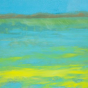 "Tranquil" by Steven McHugh  Image: Detail view of "Tranquil," a mesmerizing piece crafted by mixed-media artist from Madeline Island. Reflecting the ethereal charm of the Apostle Islands in Lake Superior, this representational abstract painting embodies a unique harmony that invites calm and introspection. At stevemchugh.art, our dedication to creating emotionally resonant art is evident, and "Tranquil" stands as a testament to our commitment to quality and vision. Elevate your space with this captivating work that seamlessly blends textures and colors to evoke a sense of peaceful surrender. 

"Tranquil" is a serene landscape painting depicting a calm body of water surrounded by greenery. The water reflects varying shades of blue and green, creating a tranquil effect. On both the left and right edges of the scene, dense clusters of green foliage frame the water. The sky above is painted in soft blue hues with subtle hints of light clouds, adding depth to the composition. The overall color palette emphasizes cool tones with touches of warm yellow near the water’s edge. The painting is enclosed in a simple wooden frame that complements the natural theme of the artwork.

This oil and cold-wax painting on wood is framed in a 10.5" x 10.5" x 2.5" gallery floating frame.