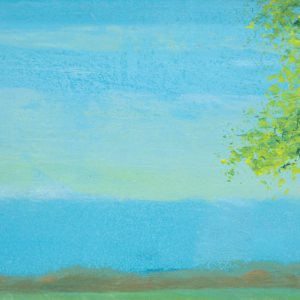 "Tranquil" by Steven McHugh  Image: Detail view of "Tranquil," a mesmerizing piece crafted by mixed-media artist from Madeline Island. Reflecting the ethereal charm of the Apostle Islands in Lake Superior, this representational abstract painting embodies a unique harmony that invites calm and introspection. At stevemchugh.art, our dedication to creating emotionally resonant art is evident, and "Tranquil" stands as a testament to our commitment to quality and vision. Elevate your space with this captivating work that seamlessly blends textures and colors to evoke a sense of peaceful surrender. 

"Tranquil" is a serene landscape painting depicting a calm body of water surrounded by greenery. The water reflects varying shades of blue and green, creating a tranquil effect. On both the left and right edges of the scene, dense clusters of green foliage frame the water. The sky above is painted in soft blue hues with subtle hints of light clouds, adding depth to the composition. The overall color palette emphasizes cool tones with touches of warm yellow near the water’s edge. The painting is enclosed in a simple wooden frame that complements the natural theme of the artwork.

This oil and cold-wax painting on wood is framed in a 10.5" x 10.5" x 2.5" gallery floating frame.