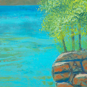 "Jumping Spot" by Steven McHugh  Image: Detail view of"Jumping Spot," a vibrant, mixed-media representational abstract painting that captures the essence of freedom and spontaneity. Created by a passionate artist nestled in the serene embrace of Madeline Island, part of the Apostle Islands in Lake Superior, WI, this artwork delivers a dynamic dance of colors and textures. Experience the exhilaration of art designed to uplift and inspire your space. Dive into the world of stevemchugh.art and find unique pieces that resonate with your soul. Visit today and let your walls speak volumes with distinctive, enthusiastic artistry.

This 16.25" x 12.25" x 2.5" oil and cold wax painting on wood panel includes shipping in the U.S.

 "Jumping Spot" presents a serene lakeside scene where a rocky outcrop juts out into vibrant blue water. The rocks are depicted with warm earthy tones, primarily shades of brown and orange, giving them a textured and layered appearance. Above the rocks, a cluster of lush green trees, rendered with dabs of bright and varied green hues, stand tall and lively. The background features a distant landmass in muted tones, contrasting with the vivid foreground. The water is painted with sweeping horizontal strokes in multiple shades of blue and green, giving it a sense of depth and gentle movement. The overall composition conveys a tranquil and natural setting bathed in soft light.