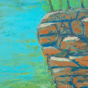 "Jumping Spot" by Steven McHugh  Image: Detail view of"Jumping Spot," a vibrant, mixed-media representational abstract painting that captures the essence of freedom and spontaneity. Created by a passionate artist nestled in the serene embrace of Madeline Island, part of the Apostle Islands in Lake Superior, WI, this artwork delivers a dynamic dance of colors and textures. Experience the exhilaration of art designed to uplift and inspire your space. Dive into the world of stevemchugh.art and find unique pieces that resonate with your soul. Visit today and let your walls speak volumes with distinctive, enthusiastic artistry.

This 16.25" x 12.25" x 2.5" oil and cold wax painting on wood panel includes shipping in the U.S.

 "Jumping Spot" presents a serene lakeside scene where a rocky outcrop juts out into vibrant blue water. The rocks are depicted with warm earthy tones, primarily shades of brown and orange, giving them a textured and layered appearance. Above the rocks, a cluster of lush green trees, rendered with dabs of bright and varied green hues, stand tall and lively. The background features a distant landmass in muted tones, contrasting with the vivid foreground. The water is painted with sweeping horizontal strokes in multiple shades of blue and green, giving it a sense of depth and gentle movement. The overall composition conveys a tranquil and natural setting bathed in soft light.