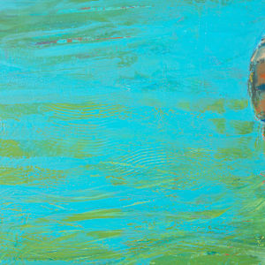 "Jumping Spot" by Steven McHugh  Image: Detail view of"Jumping Spot," a vibrant, mixed-media representational abstract painting that captures the essence of freedom and spontaneity. Created by a passionate artist nestled in the serene embrace of Madeline Island, part of the Apostle Islands in Lake Superior, WI, this artwork delivers a dynamic dance of colors and textures. Experience the exhilaration of art designed to uplift and inspire your space. Dive into the world of stevemchugh.art and find unique pieces that resonate with your soul. Visit today and let your walls speak volumes with distinctive, enthusiastic artistry.

This 16.25" x 12.25" x 2.5" oil and cold wax painting on wood panel includes shipping in the U.S.

 "Jumping Spot" presents a serene lakeside scene where a rocky outcrop juts out into vibrant blue water. The rocks are depicted with warm earthy tones, primarily shades of brown and orange, giving them a textured and layered appearance. Above the rocks, a cluster of lush green trees, rendered with dabs of bright and varied green hues, stand tall and lively. The background features a distant landmass in muted tones, contrasting with the vivid foreground. The water is painted with sweeping horizontal strokes in multiple shades of blue and green, giving it a sense of depth and gentle movement. The overall composition conveys a tranquil and natural setting bathed in soft light.