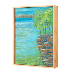"Jumping Spot" by Steven McHugh  Image: Side view of"Jumping Spot," a vibrant, mixed-media representational abstract painting that captures the essence of freedom and spontaneity. Created by a passionate artist nestled in the serene embrace of Madeline Island, part of the Apostle Islands in Lake Superior, WI, this artwork delivers a dynamic dance of colors and textures. Experience the exhilaration of art designed to uplift and inspire your space. Dive into the world of stevemchugh.art and find unique pieces that resonate with your soul. Visit today and let your walls speak volumes with distinctive, enthusiastic artistry.

This 16.25" x 12.25" x 2.5" oil and cold wax painting on wood panel includes shipping in the U.S.

 "Jumping Spot" presents a serene lakeside scene where a rocky outcrop juts out into vibrant blue water. The rocks are depicted with warm earthy tones, primarily shades of brown and orange, giving them a textured and layered appearance. Above the rocks, a cluster of lush green trees, rendered with dabs of bright and varied green hues, stand tall and lively. The background features a distant landmass in muted tones, contrasting with the vivid foreground. The water is painted with sweeping horizontal strokes in multiple shades of blue and green, giving it a sense of depth and gentle movement. The overall composition conveys a tranquil and natural setting bathed in soft light.
