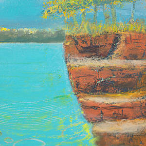 "Look Out" by Steven McHugh  Image: Detail view of "Look Out," a oil and cold-wax painting depicting a serene landscape featuring a large body of turquoise water (Lake Superior) in the foreground. To the right, there is a cliff with layered reddish-brown rock formations. On top of the cliff, a cluster of trees with lush yellow-green foliage stands tall. The background includes a distant tree line painted with soft yellow and green hues under a vast, partly cloudy sky dominated by various shades of blue and white. The overall composition conveys a peaceful natural scene with vibrant colors and a gentle contrast between the water, rock, and foliage.

"Look Out" captures the vivid energy and intrinsic beauty of Madeline Island, the heart of the Apostle Islands in Lake Superior, WI. This oil and cold wax representational piece measuring 10.5" x 14.25" embodies the unique spirit and textures of the island landscape, making it a captivating addition to any collection. As an abstract painter, I infuse each work with layers of meaning and emotion, allowing viewers to find personal connections and interpretations. Explore "Look Out" and discover how it resonates with your own experiences and artistic sensibilities.