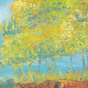 "Look Out" by Steven McHugh  Image: Detail view of "Look Out," a oil and cold-wax painting depicting a serene landscape featuring a large body of turquoise water (Lake Superior) in the foreground. To the right, there is a cliff with layered reddish-brown rock formations. On top of the cliff, a cluster of trees with lush yellow-green foliage stands tall. The background includes a distant tree line painted with soft yellow and green hues under a vast, partly cloudy sky dominated by various shades of blue and white. The overall composition conveys a peaceful natural scene with vibrant colors and a gentle contrast between the water, rock, and foliage.

"Look Out" captures the vivid energy and intrinsic beauty of Madeline Island, the heart of the Apostle Islands in Lake Superior, WI. This oil and cold wax representational piece measuring 10.5" x 14.25" embodies the unique spirit and textures of the island landscape, making it a captivating addition to any collection. As an abstract painter, I infuse each work with layers of meaning and emotion, allowing viewers to find personal connections and interpretations. Explore "Look Out" and discover how it resonates with your own experiences and artistic sensibilities.
