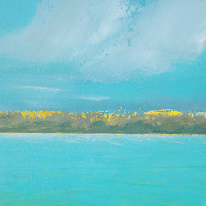 "Look Out" by Steven McHugh  Image: Detail view of "Look Out," a oil and cold-wax painting depicting a serene landscape featuring a large body of turquoise water (Lake Superior) in the foreground. To the right, there is a cliff with layered reddish-brown rock formations. On top of the cliff, a cluster of trees with lush yellow-green foliage stands tall. The background includes a distant tree line painted with soft yellow and green hues under a vast, partly cloudy sky dominated by various shades of blue and white. The overall composition conveys a peaceful natural scene with vibrant colors and a gentle contrast between the water, rock, and foliage.

"Look Out" captures the vivid energy and intrinsic beauty of Madeline Island, the heart of the Apostle Islands in Lake Superior, WI. This oil and cold wax representational piece measuring 10.5" x 14.25" embodies the unique spirit and textures of the island landscape, making it a captivating addition to any collection. As an abstract painter, I infuse each work with layers of meaning and emotion, allowing viewers to find personal connections and interpretations. Explore "Look Out" and discover how it resonates with your own experiences and artistic sensibilities.
