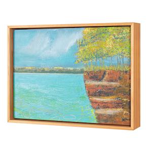 "Look Out" by Steven McHugh  Image: Side view of "Look Out," a oil and cold-wax painting depicting a serene landscape featuring a large body of turquoise water (Lake Superior) in the foreground. To the right, there is a cliff with layered reddish-brown rock formations. On top of the cliff, a cluster of trees with lush yellow-green foliage stands tall. The background includes a distant tree line painted with soft yellow and green hues under a vast, partly cloudy sky dominated by various shades of blue and white. The overall composition conveys a peaceful natural scene with vibrant colors and a gentle contrast between the water, rock, and foliage.

"Look Out" captures the vivid energy and intrinsic beauty of Madeline Island, the heart of the Apostle Islands in Lake Superior, WI. This oil and cold wax representational piece measuring 10.5" x 14.25" embodies the unique spirit and textures of the island landscape, making it a captivating addition to any collection. As an abstract painter, I infuse each work with layers of meaning and emotion, allowing viewers to find personal connections and interpretations. Explore "Look Out" and discover how it resonates with your own experiences and artistic sensibilities.