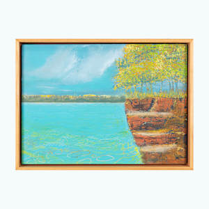 "Look Out" by Steven McHugh  Image: "Look Out" is a oil and cold-wax painting depicting a serene landscape featuring a large body of turquoise water (Lake Superior) in the foreground. To the right, there is a cliff with layered reddish-brown rock formations. On top of the cliff, a cluster of trees with lush yellow-green foliage stands tall. The background includes a distant tree line painted with soft yellow and green hues under a vast, partly cloudy sky dominated by various shades of blue and white. The overall composition conveys a peaceful natural scene with vibrant colors and a gentle contrast between the water, rock, and foliage.

"Look Out" captures the vivid energy and intrinsic beauty of Madeline Island, the heart of the Apostle Islands in Lake Superior, WI. This oil and cold wax representational piece measuring 10.5" x 14.25" embodies the unique spirit and textures of the island landscape, making it a captivating addition to any collection. As an abstract painter, I infuse each work with layers of meaning and emotion, allowing viewers to find personal connections and interpretations. Explore "Look Out" and discover how it resonates with your own experiences and artistic sensibilities.