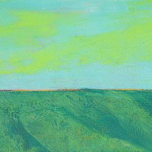 "Horizon #4" by Steven McHugh  Image: Immerse yourself in the captivating essence of Horizon #4, a testament to the breathtaking beauty surrounding Madeline Island. Crafted with a blend of mixed-media techniques and oil and cold-wax, this piece radiates the sublime energy of the Apostle Islands. Let this subtle, representational abstraction transform your space, echoing the enchanting spirit of Lake Superior’s pristine landscapes. As an ode to nature's wonders, Horizon #4 is more than art—it's an experience waiting to elevate any setting. Discover the emotive power of abstract expression at stevemchugh.art.

Detail view of "Horizon #4," an abstract oil and cold-wax painting that captures a serene landscape dominated by a green water expanse transitioning into a bright sky. The lower portion of the painting features various shades of green (Lake Superior) with textured, wave-like patterns and subtle circular shapes suggesting depth or underwater elements (rocks). The upper portion is a smooth gradient of light blue with hints of yellow-green, creating the impression of a calm, partly cloudy sky. The horizon line is distinct yet soft, dividing the green field and sky with a thin, slightly orange band. The overall mood is tranquil and contemplative, evoking a natural outdoor scene.

"When you live on an Island, you look at a lot of horizons lines."