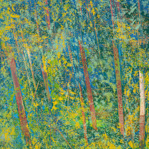 "Land and Sea" by Steven McHugh  Image: Detail view of "Land And Sea," which depicts a dense forest scene with tall, slender trees featuring yellow and green foliage. The trees are set against a background that transitions from darker greens at the bottom to lighter blue tones towards the top, suggesting depth and distance. The brushwork is textured and layered, creating a rich interplay of colors that evokes the light filtering through the leaves. The composition focuses on the verticality of the trees and the vibrant contrast between the yellow leaves and the blue background, evoking a serene and natural atmosphere.

Discover the ethereal beauty of"Land And Sea", a captivating piece by representational abstract painter based on Madeline Island in the Apostle Islands of Lake Superior, WI. This creation flawlessly encapsulates the spirit of nature's breathtaking horizons through an innovative blend of textures and colors. Experience the tranquility and endless possibilities that "Land And Sea"  brings to your space, reflecting the serene yet dynamic soul of its island inspiration. Explore more of Steve McHugh's visionary artistry at stevemchugh.art, where each piece promises to inspire and rejuvenate your senses.