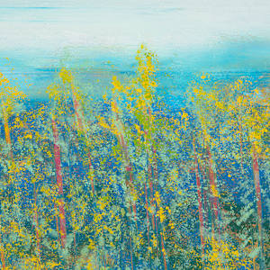 "Land and Sea" by Steven McHugh  Image: Detail view of "Land And Sea," which depicts a dense forest scene with tall, slender trees featuring yellow and green foliage. The trees are set against a background that transitions from darker greens at the bottom to lighter blue tones towards the top, suggesting depth and distance. The brushwork is textured and layered, creating a rich interplay of colors that evokes the light filtering through the leaves. The composition focuses on the verticality of the trees and the vibrant contrast between the yellow leaves and the blue background, evoking a serene and natural atmosphere.

Discover the ethereal beauty of"Land And Sea", a captivating piece by representational abstract painter based on Madeline Island in the Apostle Islands of Lake Superior, WI. This creation flawlessly encapsulates the spirit of nature's breathtaking horizons through an innovative blend of textures and colors. Experience the tranquility and endless possibilities that "Land And Sea"  brings to your space, reflecting the serene yet dynamic soul of its island inspiration. Explore more of Steve McHugh's visionary artistry at stevemchugh.art, where each piece promises to inspire and rejuvenate your senses.