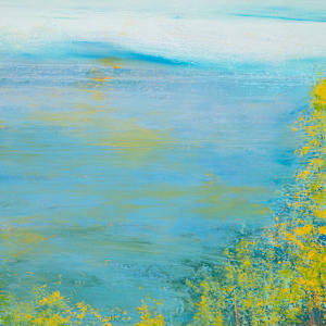 "Land and Sea" by Steven McHugh  Image: Detail view of "Land And Sea," which depicts a dense forest scene with tall, slender trees featuring yellow and green foliage. The trees are set against a background that transitions from darker greens at the bottom to lighter blue tones towards the top, suggesting depth and distance. The brushwork is textured and layered, creating a rich interplay of colors that evokes the light filtering through the leaves. The composition focuses on the verticality of the trees and the vibrant contrast between the yellow leaves and the blue background, evoking a serene and natural atmosphere.

Discover the ethereal beauty of"Land And Sea", a captivating piece by representational abstract painter based on Madeline Island in the Apostle Islands of Lake Superior, WI. This creation flawlessly encapsulates the spirit of nature's breathtaking horizons through an innovative blend of textures and colors. Experience the tranquility and endless possibilities that "Land And Sea"  brings to your space, reflecting the serene yet dynamic soul of its island inspiration. Explore more of Steve McHugh's visionary artistry at stevemchugh.art, where each piece promises to inspire and rejuvenate your senses.