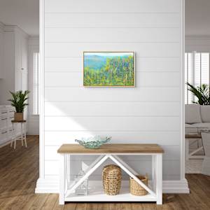 "Land and Sea" by Steven McHugh  Image: Interior view of "Land And Sea," which depicts a dense forest scene with tall, slender trees featuring yellow and green foliage. The trees are set against a background that transitions from darker greens at the bottom to lighter blue tones towards the top, suggesting depth and distance. The brushwork is textured and layered, creating a rich interplay of colors that evokes the light filtering through the leaves. The composition focuses on the verticality of the trees and the vibrant contrast between the yellow leaves and the blue background, evoking a serene and natural atmosphere.

Discover the ethereal beauty of"Land And Sea", a captivating piece by representational abstract painter based on Madeline Island in the Apostle Islands of Lake Superior, WI. This creation flawlessly encapsulates the spirit of nature's breathtaking horizons through an innovative blend of textures and colors. Experience the tranquility and endless possibilities that "Land And Sea"  brings to your space, reflecting the serene yet dynamic soul of its island inspiration. Explore more of Steve McHugh's visionary artistry at stevemchugh.art, where each piece promises to inspire and rejuvenate your senses.