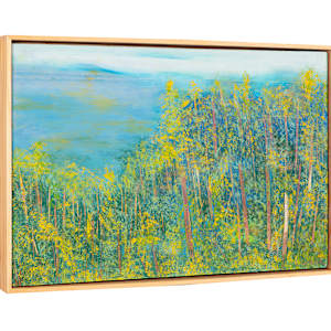 "Land and Sea" by Steven McHugh  Image: Side view of "Land And Sea," which depicts a dense forest scene with tall, slender trees featuring yellow and green foliage. The trees are set against a background that transitions from darker greens at the bottom to lighter blue tones towards the top, suggesting depth and distance. The brushwork is textured and layered, creating a rich interplay of colors that evokes the light filtering through the leaves. The composition focuses on the verticality of the trees and the vibrant contrast between the yellow leaves and the blue background, evoking a serene and natural atmosphere.

Discover the ethereal beauty of"Land And Sea", a captivating piece by representational abstract painter based on Madeline Island in the Apostle Islands of Lake Superior, WI. This creation flawlessly encapsulates the spirit of nature's breathtaking horizons through an innovative blend of textures and colors. Experience the tranquility and endless possibilities that "Land And Sea"  brings to your space, reflecting the serene yet dynamic soul of its island inspiration. Explore more of Steve McHugh's visionary artistry at stevemchugh.art, where each piece promises to inspire and rejuvenate your senses.