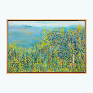 "Land and Sea" by Steven McHugh  Image: "Land And Sea" depicts a dense forest scene with tall, slender trees featuring yellow and green foliage. The trees are set against a background that transitions from darker greens at the bottom to lighter blue tones towards the top, suggesting depth and distance. The brushwork is textured and layered, creating a rich interplay of colors that evokes the light filtering through the leaves. The composition focuses on the verticality of the trees and the vibrant contrast between the yellow leaves and the blue background, evoking a serene and natural atmosphere.

Discover the ethereal beauty of"Land And Sea", a captivating piece by representational abstract painter based on Madeline Island in the Apostle Islands of Lake Superior, WI. This creation flawlessly encapsulates the spirit of nature's breathtaking horizons through an innovative blend of textures and colors. Experience the tranquility and endless possibilities that "Land And Sea"  brings to your space, reflecting the serene yet dynamic soul of its island inspiration. Explore more of Steve McHugh's visionary artistry at stevemchugh.art, where each piece promises to inspire and rejuvenate your senses.