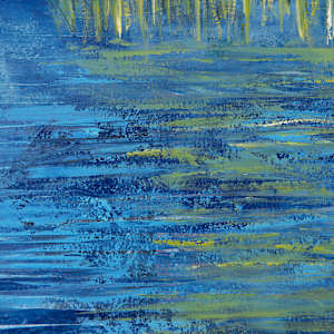 "Where Food Grows on Water" by Steven McHugh  Image: Detail view of "Where Food Grows on Water," a striking abstract piece by mixed-media artist Steve McHugh. Inspired by the unique environment of Madeline Island, part of the Apostle Islands in Lake Superior, WI, this artwork fuses vibrant colors and dynamic textures, embodying the harmony of nature. Each layer invites the viewer to explore the delicate balance where land and water intertwine, reflecting the artist’s profound connection to his surroundings. Perfect for art enthusiasts seeking to bring a touch of natural elegance to their space, this piece showcases Steve McHugh’s dedication to capturing the essence of his island home through his painting. Discover how "Where Food Grows on Water" can transform your environment at stevemchugh.art.

"Where Food Grows On Water" depicts a tranquil water scene with tall wild rice at the water's edge. The palette includes rich blues and greens, creating a serene and calm atmosphere. The brushstrokes are textured and layered, emphasizing the natural movement and reflection on the water’s surface. The sky above is depicted with soft, blended hues of light blue and white, adding depth to the composition. The overall effect conveys a peaceful, natural landscape focused on water and life. This oil and cold-wax painting measures 16.25" x 12.25" x 2.5" and is framed in a gallery floating frame.