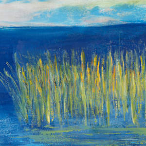 "Where Food Grows on Water" by Steven McHugh  Image: Detail view of "Where Food Grows on Water," a striking abstract piece by mixed-media artist Steve McHugh. Inspired by the unique environment of Madeline Island, part of the Apostle Islands in Lake Superior, WI, this artwork fuses vibrant colors and dynamic textures, embodying the harmony of nature. Each layer invites the viewer to explore the delicate balance where land and water intertwine, reflecting the artist’s profound connection to his surroundings. Perfect for art enthusiasts seeking to bring a touch of natural elegance to their space, this piece showcases Steve McHugh’s dedication to capturing the essence of his island home through his painting. Discover how "Where Food Grows on Water" can transform your environment at stevemchugh.art.

"Where Food Grows On Water" depicts a tranquil water scene with tall wild rice at the water's edge. The palette includes rich blues and greens, creating a serene and calm atmosphere. The brushstrokes are textured and layered, emphasizing the natural movement and reflection on the water’s surface. The sky above is depicted with soft, blended hues of light blue and white, adding depth to the composition. The overall effect conveys a peaceful, natural landscape focused on water and life. This oil and cold-wax painting measures 16.25" x 12.25" x 2.5" and is framed in a gallery floating frame.