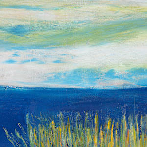 "Where Food Grows on Water" by Steven McHugh  Image: Detail view of "Where Food Grows on Water," a striking abstract piece by mixed-media artist Steve McHugh. Inspired by the unique environment of Madeline Island, part of the Apostle Islands in Lake Superior, WI, this artwork fuses vibrant colors and dynamic textures, embodying the harmony of nature. Each layer invites the viewer to explore the delicate balance where land and water intertwine, reflecting the artist’s profound connection to his surroundings. Perfect for art enthusiasts seeking to bring a touch of natural elegance to their space, this piece showcases Steve McHugh’s dedication to capturing the essence of his island home through his painting. Discover how "Where Food Grows on Water" can transform your environment at stevemchugh.art.

"Where Food Grows On Water" depicts a tranquil water scene with tall wild rice at the water's edge. The palette includes rich blues and greens, creating a serene and calm atmosphere. The brushstrokes are textured and layered, emphasizing the natural movement and reflection on the water’s surface. The sky above is depicted with soft, blended hues of light blue and white, adding depth to the composition. The overall effect conveys a peaceful, natural landscape focused on water and life. This oil and cold-wax painting measures 16.25" x 12.25" x 2.5" and is framed in a gallery floating frame.