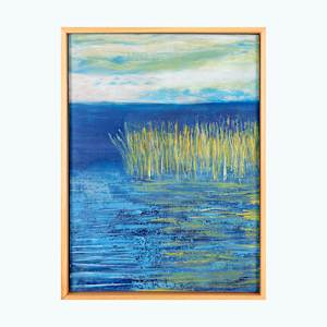 "Where Food Grows on Water" by Steven McHugh  Image: Immerse yourself in the serene beauty of "Where Food Grows on Water," a striking abstract piece by mixed-media artist Steve McHugh. Inspired by the unique environment of Madeline Island, part of the Apostle Islands in Lake Superior, WI, this artwork fuses vibrant colors and dynamic textures, embodying the harmony of nature. Each layer invites the viewer to explore the delicate balance where land and water intertwine, reflecting the artist’s profound connection to his surroundings. Perfect for art enthusiasts seeking to bring a touch of natural elegance to their space, this piece showcases Steve McHugh’s dedication to capturing the essence of his island home through his painting. Discover how "Where Food Grows on Water" can transform your environment at stevemchugh.art.

"Where Food Grows On Water" depicts a tranquil water scene with tall wild rice at the water's edge. The palette includes rich blues and greens, creating a serene and calm atmosphere. The brushstrokes are textured and layered, emphasizing the natural movement and reflection on the water’s surface. The sky above is depicted with soft, blended hues of light blue and white, adding depth to the composition. The overall effect conveys a peaceful, natural landscape focused on water and life. This oil and cold-wax painting measures 16.25" x 12.25" x 2.5" and is framed in a gallery floating frame.