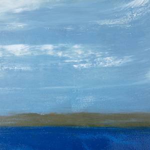 "Where The Sky Meets The Sea" by Steven McHugh  Image: Detail view of "Where The Sky Meets The Sea," an abstract seascape dominated by various shades of blue, creating a dynamic and flowing composition and rocky shoreline. The lower portion features energetic, sweeping brushstrokes in deep blue, turquoise, white, and hints of gold, suggesting movement in water or waves. A horizontal band of darker blue represents the horizon line, dividing the sea from the sky. Above the horizon, the sky is portrayed in softer, lighter blues with subtle white cloud-like streaks, adding depth and contrast to the scene. The piece evokes a sense of fluidity and natural rhythm through its use of color and texture.

This oil and cold-wax painting on wood panel measures 16.25"x12.25" x 2.5" in a gallery floating frame.

Discover the ethereal beauty of "Where The Sky Meets The Sea," an enchanting piece by representational abstract artist Steve McHugh. Created on the serene and inspiring Madeline Island, part of the Apostle Islands in Lake Superior, WI, this artwork captures the dynamic interplay of colors and textures where horizons blend into dreams. Immerse yourself in the vivid hues and intricate layers that invoke the seamless connection between the sky and sea, resonating McHugh's passion for his unique craft. Elevate your space with a piece that embodies the tranquility and boundless wonder of nature's majesty as envisioned by an island artist. Visit stevemchugh.art to bring home this masterpiece that sparks both contemplation and joy.