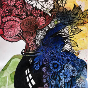 Vase of Flowers - Drawing a Day #60 by Helen R Klebesadel  Image: Watercolor and ink before gel pen added.