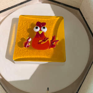 6” Textured Red Rooster on Marigold Sushi Dish II by Candice Treat Murphy, Image 4.