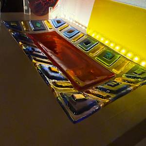 Modern Tray with Red Center and Blue and Yellow Squares by Candice Treat Murphy, Image 1.