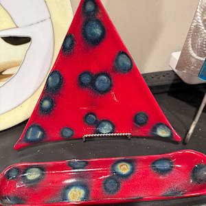 Red Oval Olive Tray with Silver Leaf Circles by Candice Treat Murphy, Image 2.