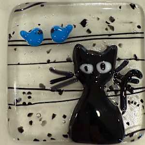 Peeky Black Cat 3” with 2 Blue Birds by Candice Treat Murphy