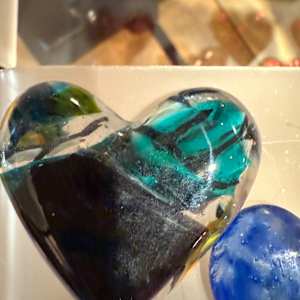 3” Square Glass Box #3 with 2” Pocket Heart on Bamboo Lid (Turquoise and Black) by Candice Treat Murphy, Image 1.