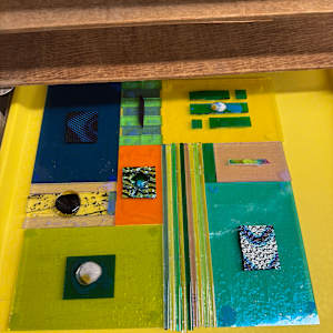 Iridescent and Transparent Color Blocks 12” Square Mounted on Stainless Steel by Candice Treat Murphy, Image 1.