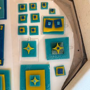 Turquoise Ornament with Marigold Star and Egyptian Blue Dot on Vanilla and Brown Streaky Square by Candice Treat Murphy, Image 2.