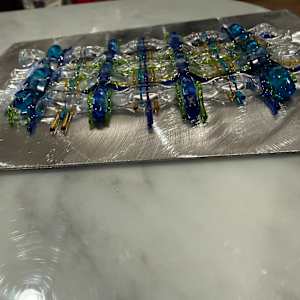 Woven Glass Blues, Greens, Clear, and Gold Sculpture on Brushed Steel Stand by Candice Treat Murphy, Image 1.