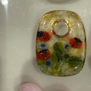 Rectangle Necklace Drop Ladybugs and Flowers #2 by Candice Treat Murphy, Image 2.