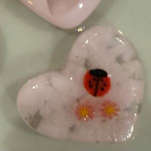 1.5" Tiny Heart Keychain Ladybug and Flowers in Pink Clouds by Candice Treat Murphy, Image 1.