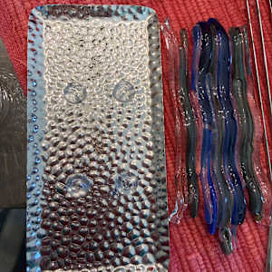 Wavy Blues, Greens, Clear, and Gold Strips Sculpture on Hammered Steel Backing by Candice Treat Murphy, Image 2.