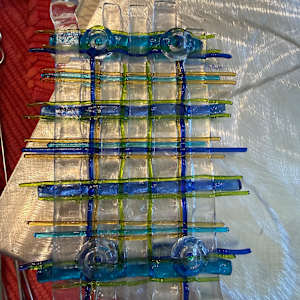 Woven Glass Blues, Greens, Clear, and Gold Sculpture on Brushed Steel Stand by Candice Treat Murphy, Image 5.